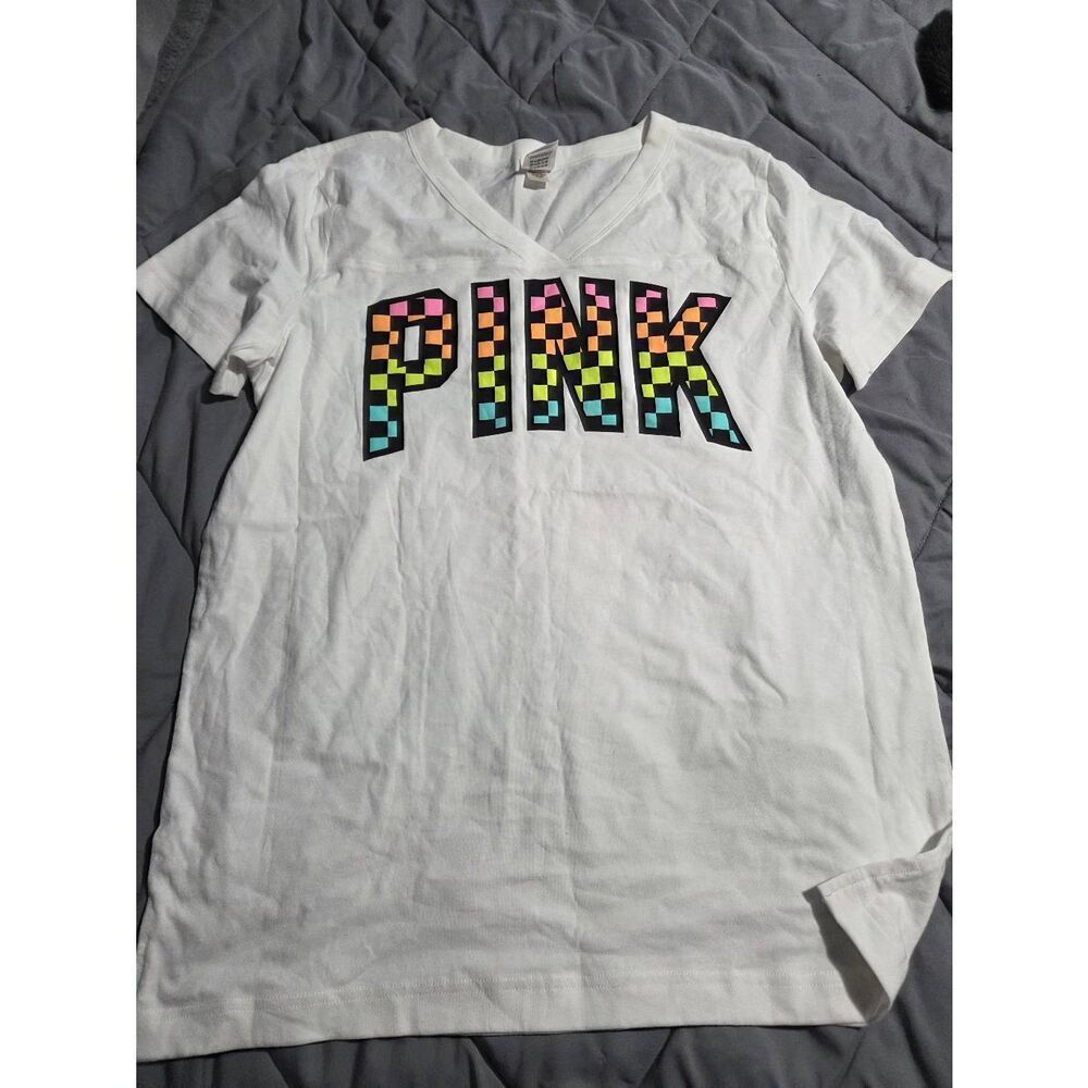 Victoria's Secret Pink Plaid Pastel Racing Leggings & Campus Tee Set M/L - Picture 2 of 6
